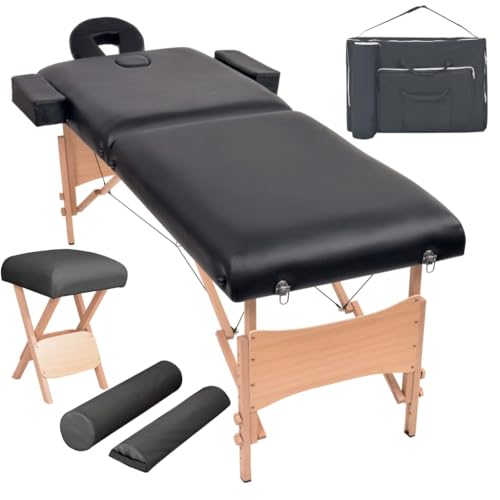 aphrophina Comfortable and Portable 2-Zone Folding Massage Table with Stool and Bolsters, Adjustable Height, Black