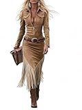 Damen-Westernkleid mit Fransen – langes Kleid im A-Linien-Cowboy-Stil mit Fransen am Saum und Kragen