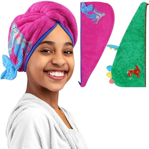 YI HENG MEI Microfiber Hair Towel Wrap for Kids Girls Super Absorbent Hair Drying Towel Cute 3D Embroidery Mermaids Dinosaur Coral Fleece Towel Turban for Wet Long Curly Thick Hair, 2PCS Cover