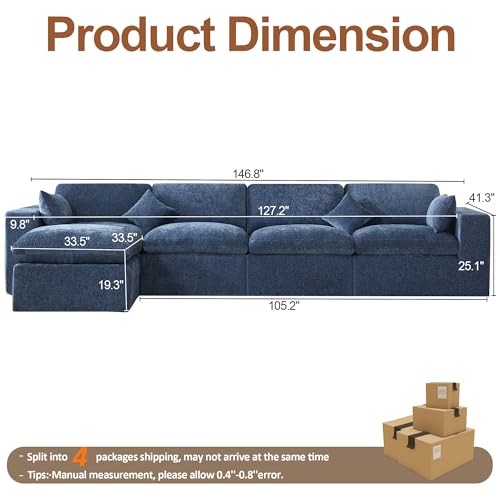 Image of 146''Cloud Boneless Sectional Couch, Modular Sectional Sofa Deep Seat with Ottoman, Oversized Upholstered Convertible Comfy 5 Seater Chenille Sofa L Shape Couches for Living Room, Blue