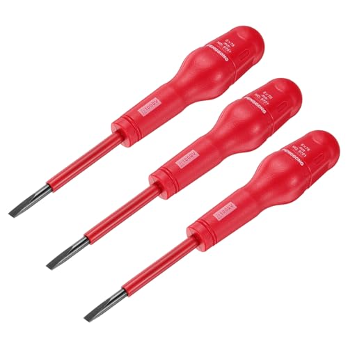 sourcing map 3pcs 1000v Insulated Electrician Screwdriver 5x75mm CR-V Magnetic Slotted Flat Head Insulation Screwdrivers, Red