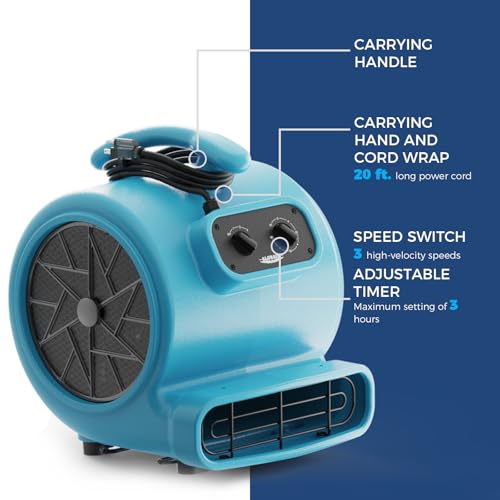 ALORAIR 3000 CFM Air Mover Blower Fan for Industrial, Floor Drying Fan, Carpet Dryer - Timer, Filter, Stackable, 3 Speeds, 5 Adjustable Angles, for Water Damage Restoration and Plumbing - GE3000TF