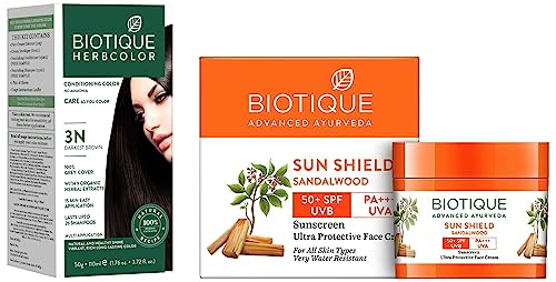 Biotique Bio Herbcolor Conditioning Hair Color, 50g + 110ml – Darkest Brown 3N (Pack of 1) & Biotique Sun Shield Sandalwood 50+SPF UVB Sunscreen Ultra Protective Face Cream For All Skin Types, 50gm