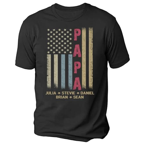 Personalized Papa Hands Print with Flag Shirt, Custom Dad Shirts with Hands Kids Name, Gifts for Daddy T-Shirt, Fathers Day Birthday Gifts, Papa 4th of July Shirt, Grandpa Gifts Christmas Shirts