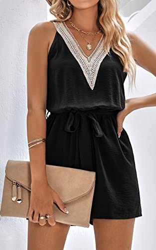 Prettygarden Women's Summer Sexy V Neck Romper 2023 Fashion Sleeveless Casual Waist Tie Short Jumpsuit With Pocket Black Small #TOP30