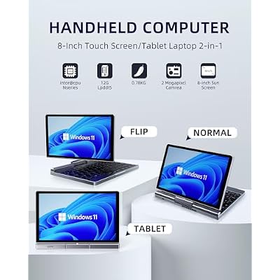 KOOFORWAY 8 Mini Laptop 2-in-1 HD Touchscreen Portable, Win 11 Pro Portable Pocket PC, N150 12 GB LPDDR5 1TB M.2 SSD, Wi-Fi 6, BT 5.2 2 MP Camera, G-Sensor, HDMI, Type C