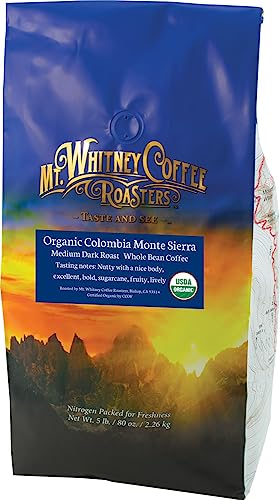 Mt. Whitney Colombia Monte Sierra Organic, Single Origin, Medium Dark Roast, Smooth Full Flavored, Low Acid Coffee (Whole Bean, 5 Lb)