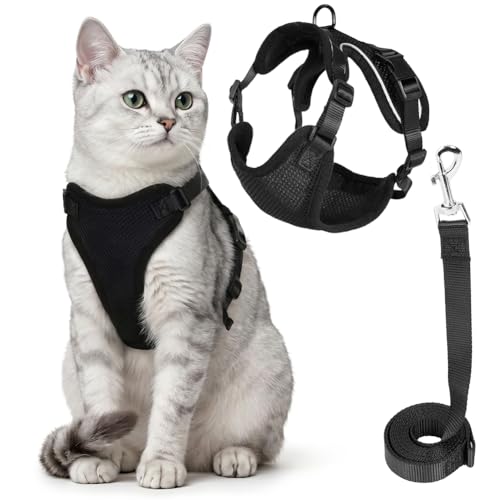 Aolso Harnais pour Chat avec Laisse, Anti-éclatement Harnais Chaton, Filet Respirant Harnet, Chat Réglable Réfléchissant, Laisse 150cm, pour Promenade en Plein air, Noir, Taille S
