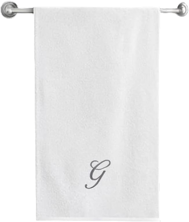 BYFT Embroidered For You (White) Luxury Monogrammed Bath Towel (70 x 140 Cm -Set of 1) 100% Cotton, Highly Absorbent and Quick dry, Classic Hotel and Spa Quality Bath Linen -600 Gsm (Silver Letter G)