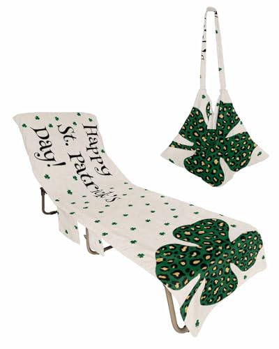 St. Patrick's Day Beach Chair Towel Covers for Chaise Lounge with Side Pocket, Soft Plush Pool Towels Cover for Patio Sunbathing Outdoor 29''x85'' Farmhouse Country Leopard Print