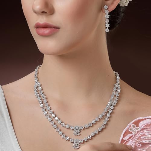 Image of ZENEME Rhodium-Plated American Diamond Studded Star Shaped Layered Necklace With Earrings Jewellery Set For Girls and Women