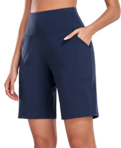 Oalka Women's High Waisted Shorts Yoga Workout Bermuda Long Hiking Shorts with Pockets