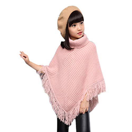 Girls High Neck Knitted Poncho Tassels Draped Cloak Cape Sweater Irregular Hem Top Pink #TOP3