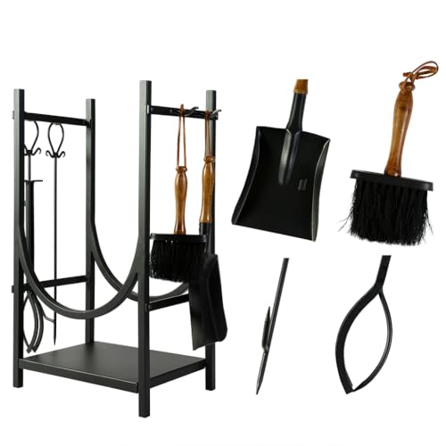 Dibor Log Basket Fireside Companion Set - Recycled Iron Black Log Store Indoors with Fire Poker, Dustpan, Brush & Tongs Fireplace Accessories Contemporary Wood Basket Log Rack Log Burner Accessories