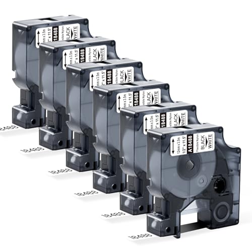 Pillex 6-Pack 18488 Replace for DYMO Rhino Industrial Flexible Nylon Label Tape A18488 Work with DYMO Rhino Pro 4200 5200 5000 6000 3000 Label Maker, 1/2 Inch x 11.5 Feet (12mm x 3.5m), Black on White