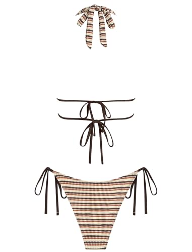 Image of ZAFUL Halter Swimsuits for Women Textured Backless 2 Piece Bathing Suits Cheeky High Cut String Tie Side Bikini Sets
