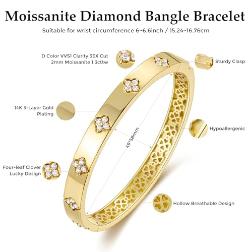 Moissanite Bangle Bracelets for Women, 14K Gold Plated Four Leaf Clover Bracelet with D Color VVS1 Moissanite, Lucky Jewelry Gift for Her4