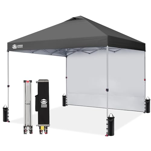 CROWN SHADES 12x12 Pop Up Canopy Tent Instant Commercial with 150D Silver Coated Fabric Including 1 Removable Sidewall, 4 Ropes, 8 Stakes, Weight Bags, STO 'N Go Bag, Grid Grey