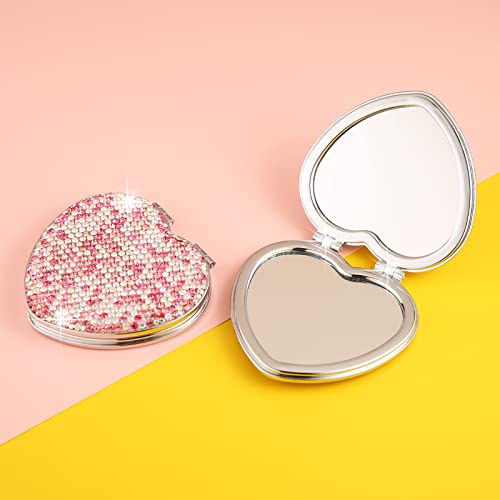 Asalways Rhinestone Compact Pocket Mirror Portable Travel Cute Cosmetic Mirror Folding Handheld Double-Sided 1X/2X Magnifying Purse Mirror(Pink) #TOP4