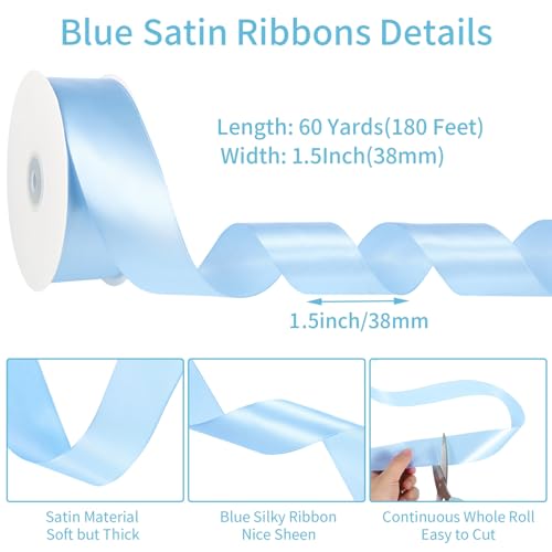 Image of woric Blue Ribbon 1 1 /2 Inch 60 Yards Light Baby Blue Satin Ribbon for Baby Bridal Shower Graduation Leis Party Favors Wedding Decor Flower Bouquet Crafts Gender Reveal Back to School