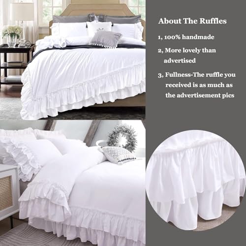 Image of QSH Ruffle White Duvet Cover California King Size- Washed Cotton Shabby Farmhouse Chic Ruffled Bedding 3pcs(1 Soft Cotton Duvet Cover +2 Ruffle Pillowshams) Aesthetic French Country Calking Bed