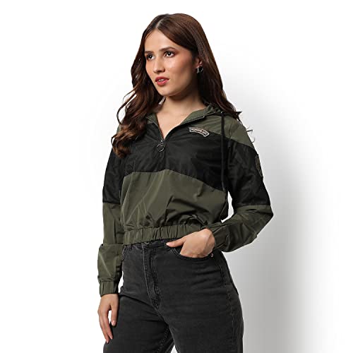 Image of Campus Sutra Women Olive Green & Black Puffer Regular Fit Bomber Jacket For Winter Wear | Standing Collar | Full Sleeve | Zipper | Casual Jacket For Woman & Girl | Western Stylish Jacket For Women