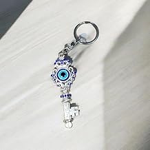 Evil Eye Keychain – Silver Antique Key Shape Keyring with Blue Nazar Bead Charm | Protective Lucky Keychain for Car, Bike, Home & Gift