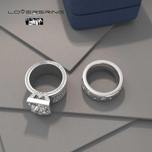 LOVERSRING 2pc His and Hers Couple Ring Bridal Sets Women White Gold Plated Square Moissanite Man Titanium Band Wedding Ring for Him and Her4