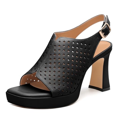 Womens Heeled Platform Sandals, Chunky Heel Square Peep Toe Hollow Out Slingback Sandals, Leather Upper, Lining and Insole Shoes for Women 3.3