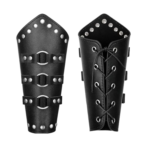 1 Pair of Leather Arm Guards Ren Faire Bracers Medieval Viking Arm Guards for Halloween Dress Up (Black Style-1)