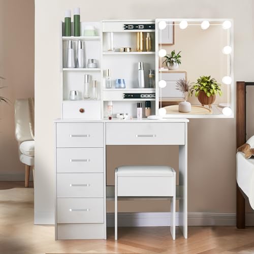 LIANWANG Tocador con iluminación y espejo para maquillaje, tocador con taburete, 3 temperaturas de color y brillo ajustable, LW19070923, 130 x 80 x 36 cm, color blanco