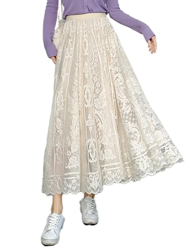 Kisidoo Women's High Waist Pleated A-Line Long Maxi Lace Skirt