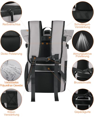 Yooler Sac à dos à enroulement, sac a dos etanche grand sac à dos pour homme et femme, avec compartiment pour ordinateur portable 17,3 ", sac à dos de voyage, sac à dos de randonnée(Noir) (gris) – vue 4