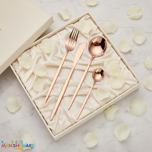 Image of Slim Handle Rose Gold 8 Pcs Stainless Steel Cutlery Set for Dining Table, Dishwasher Safe Glossy Flatware (2 Spoon Set + 2 Forks Set + 2 Butter Knife + 2 Dessert Spoon)