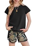 Arshiner Girls Summer Clothes 2 Piece Outfits Fashion Color Block Sleeve Tops Shirts and Loose Camo Shorts Set Sportwear