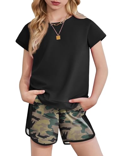 Arshiner Girls Summer Clothes 2 Piece Outfits Fashion Color Block Sleeve Tops Shirts and Loose Camo Shorts Set Sportwear