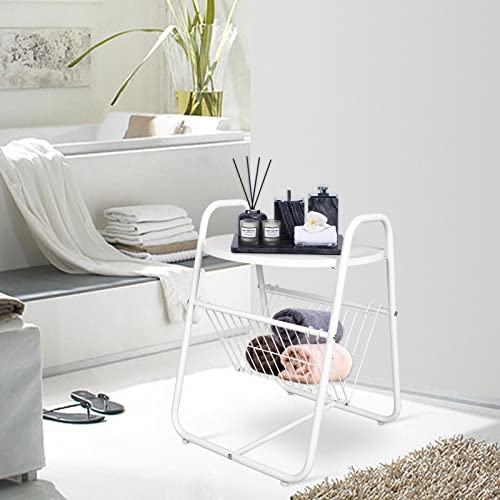 Ecomex Round Side Table, Metal End Table With Magazine Holder For Record Player Stand, Small End Table For Bedroom, Living Room, Balcony, Office Wood Table Top 1Pc White #TOP4