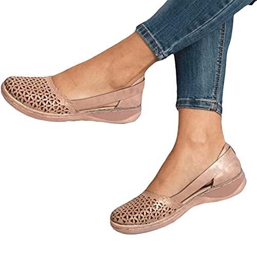 Sandalias para Mujer Casual Verano Hueco Punta Cerrada Sandalia Plana Resbalón en Sandalias Transpirables Mocasines Cómodos Zapatos para Caminar por La Playa,Rosado,US9/EU40