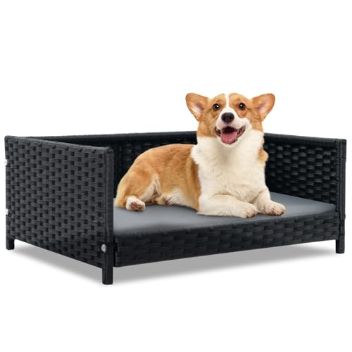 SOARS Hundebett Rattan, Hundekorb mit Kissen, Bezug abnehmbar und...