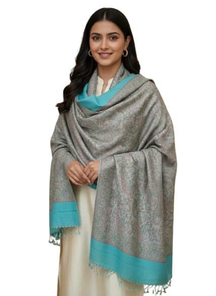 Women's Pure Wool Woven Paisley Shawl, Grey and Pink, Jakaad Style Wrap Shawl-image-21
