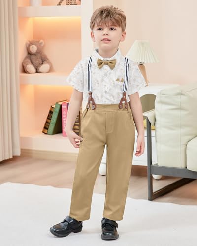 Image of YALLET Toddler Baby Boy Clothes Suit Gentleman Wedding Outfits Formal Dress Shirt+Bowtie+Suspender Pants