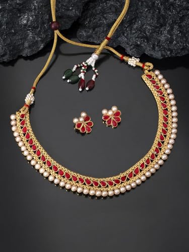 Juego de joyas Kundan en latón bañado en oro con cristales rojos y blancos 6