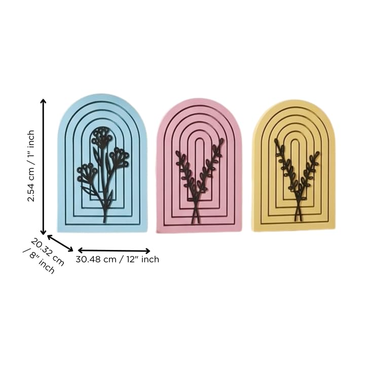 Image of eCraftIndia Pack of 3 Floral Wall Art with Blue Pink Yellow Wood Base Flower Cutouts Boho Decor