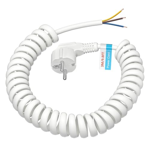 Alargador Espiral con Contacto de protección KEAGAR 250V / 16A, Cable Espiral de 3 Hilos, Extensible de 0,75 m a 3 m, alargador con Enchufe Espiral con Contacto de protección, IP20 - Blanco