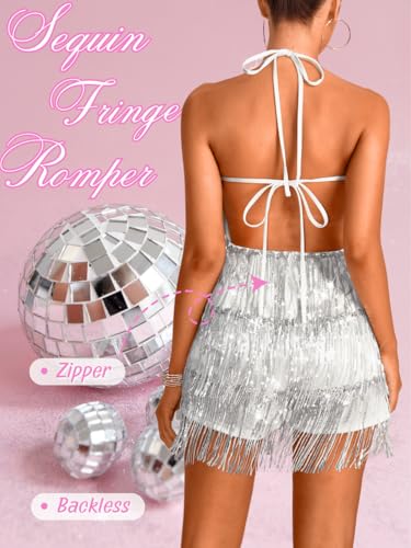 Image of Kaei&Shi Sequin Fringe Romper,Sparkly Glitter Metallic Jumpsuits For Women,Backless Shorts Dress Disco Birthday Dance Outfit