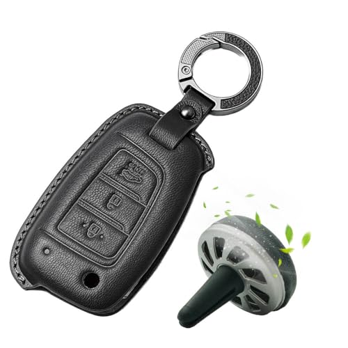 Image of Keyzone Premium Leather Key Cover & AC Vent Car Perfume Combo (4 Fragrances) | Compatible for Hyundai Venue, i20, Kona, Verna 2018 Onwards 3 Button flip Key. (Black)