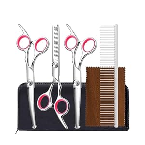 Pet Central Dog Grooming Shears Set – Stainless Steel Professional Kit – Thinning, Straight, and Curved Shears – Grooming Comb – Cleaning Cloth – Leather Case – Rounded Safety Edges – 4 Pcs