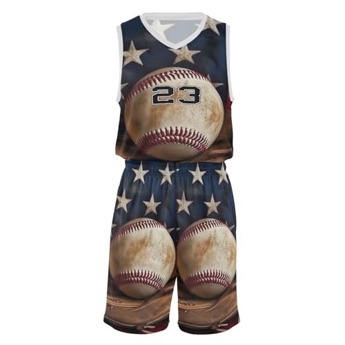 FLildon American Flag Baseball Boys Basketball Jersey Set Tank Top Shorts Tracksuit Sport Training Suit for Kids, XXL