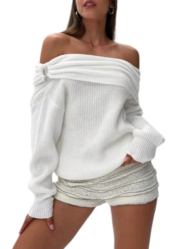 Image of Women Off The Shoulder Sweater Long Sleeve Ribbed Knit Top Y2k Pullover Sweaters Fall Going Out Streetwear