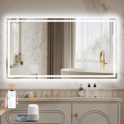 ENZE 28"x 48" Smart Lighted Bathroom Mirror for Wall, WiFi App & Voice Control (Alexa/Google), Anti-Fog, 3-Color Dimmable, Built-in Clock, Plug-in/Hardwired Vanity Mirror